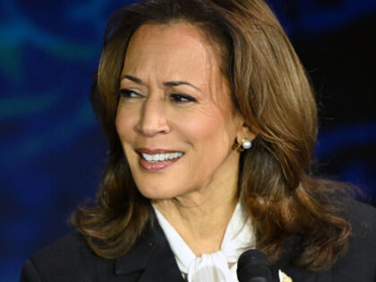 US Vice President and Democratic presidential candidate Kamala Harris gestures as former U