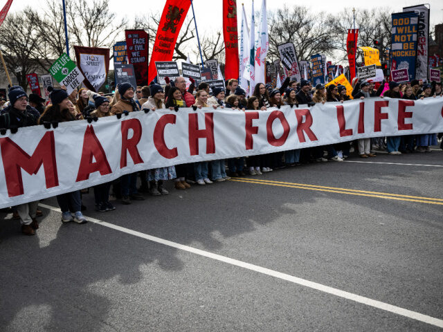Demonstrators carry a banner during the annual March For Life in Washington, DC, US, on Fr