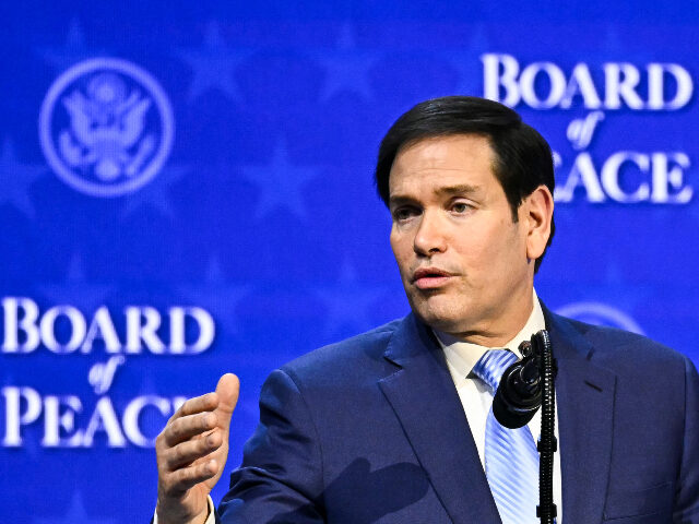US Secretary of State Marco Rubio gestures as he speaks at the "Board of Peace"