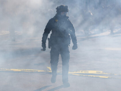 A federal immigration officer stands as tear gas is deployed after a shooting in Minneapol