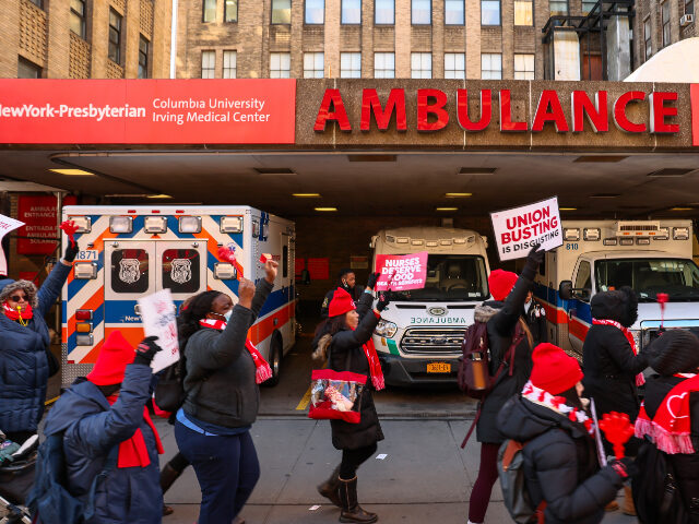 Nurses from New York-Presbyterian/Columbia University Irving Medical Center strike outside