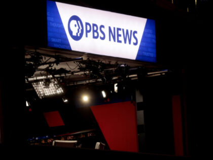PBS News signage during the Republican National Convention (RNC) at the Fiserv Forum in Mi