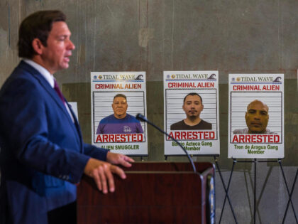 Florida Gov. Ron DeSantis speaks alongside posters of people arrested in the Tidal Wave Op