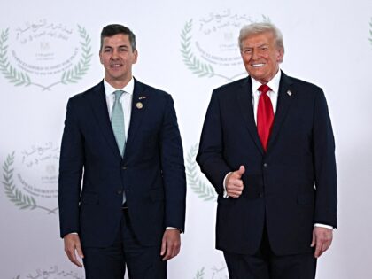 U.S. President Donald Trump and Paraguay's President Santiago Pena pose for a photo, at a