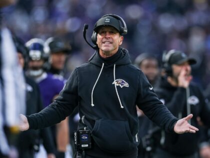 BALTIMORE, MD - DECEMBER 07: Head coach John Harbaugh of the Baltimore Ravens reacts durin