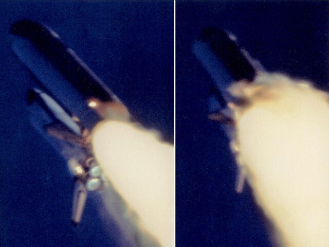 Space Shuttle Challenger explosion Sequential photos, relased 15 February 1986, taken by NASA during the catastrophic flight