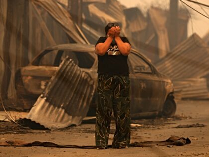 A resident reacts in front of the charred remains of destroyed homes and a vehicle after a