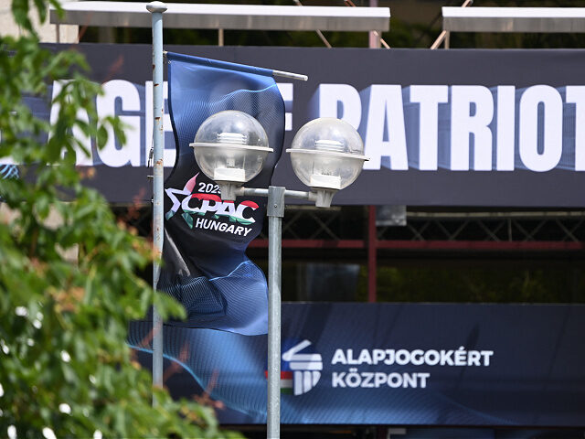 flag-signs-Budapest-CPAC-Hungary-2025-filephoto-getty A flag and signs are seen at the Budapest Congress Center during an offshoot meeting of th