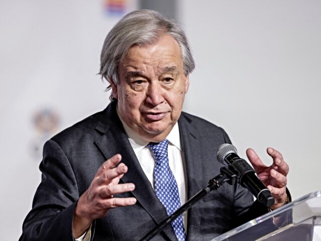 UN Secretary General Antonio Guterres speaks during a press conference at the Nasrec Expo