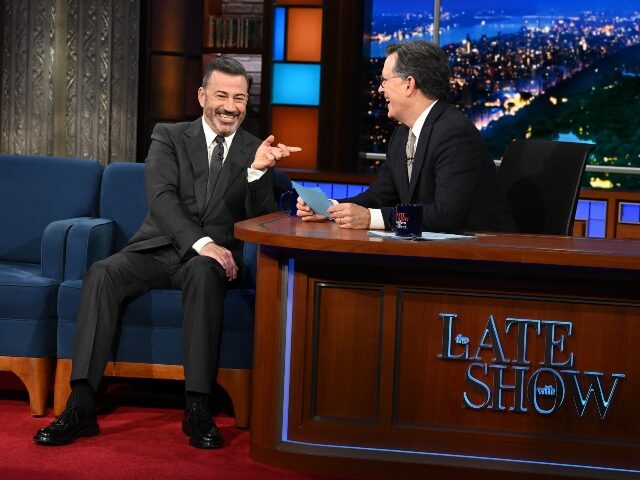 NEW YORK - JANUARY 12: Jimmy Kimmel and Stephen Colbert on the CBS series The Late Show wi