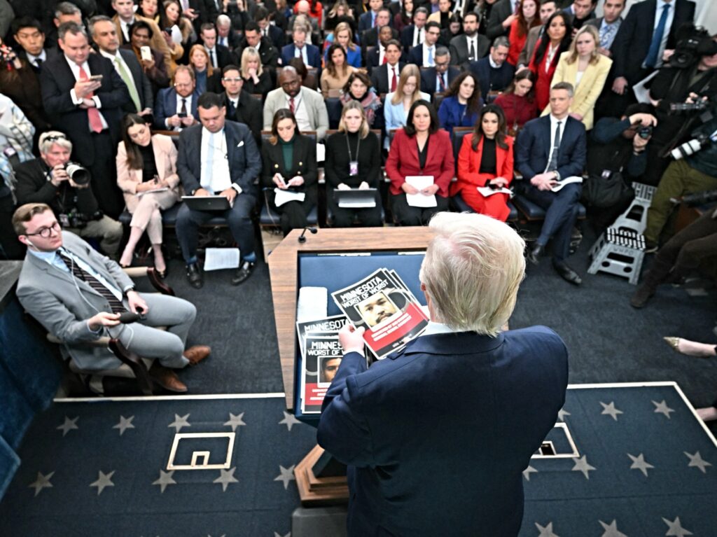 US President Donald Trump speaks during a briefing in the Brady Briefing Room of the White House in Washington, DC, on January 20, 2026. Trump on Tuesday expressed frustration that his message on the economy was "not getting across," blaming his spokespeople for the issue. (Photo by Saul LOEB / AFP)
