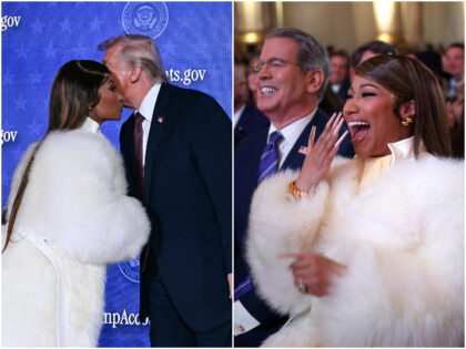 US President Donald Trump (R) greets Trinidadian rapper and singer-songwriter Nicki Minaj