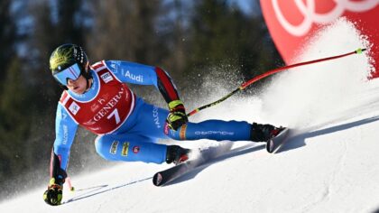 Italy's Giovanni Franzoni en route to winning the men's downhill in Kitzbuehel