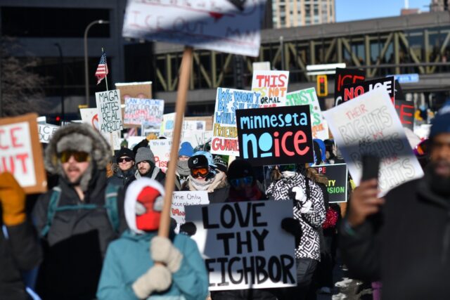 Many protesters wore ski gear to brave the temperatures that hovered around 1F (-17C)