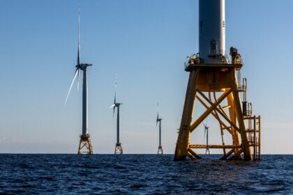 Wind turbines shown in 2022 generating electricity at the Block Island Wind Farm near Bloc