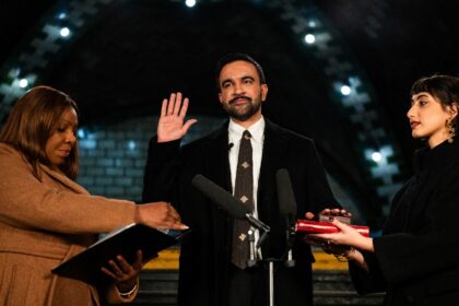 Zohran Mamdani was sworn into office by New York Attorney General Letitia James (L) alongs