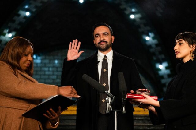 Zohran Mamdani was sworn into office by New York Attorney General Letitia James (L) alongs