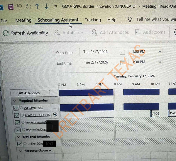 Schermata di pianificazione CBP che mostra i contatti con Howser e Miller. (Protezione doganale e di frontiera degli Stati Uniti)