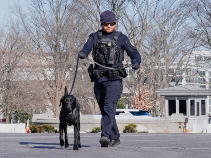 U.S. Capitol Police officer patrols outside of Capitol with a K9 on Friday, Feb. 13, 2026,