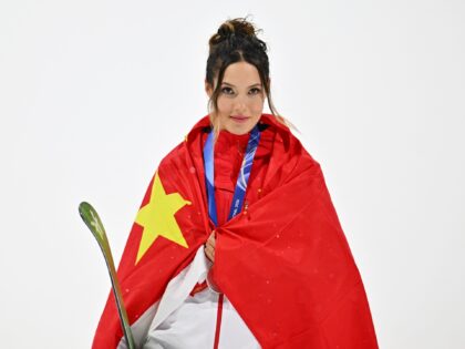 Silver medalist Gu Ailing of China attends the awarding ceremony of the freestyle skiing w