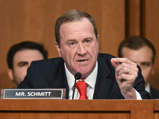 US Senator Eric Schmitt, Republican from Missouri, questions FBI Director Kash Patel durin