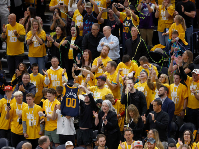 SALT LAKE CITY, UT - APRIL 23: Utah Jazz fans celebrate after the game against the Dallas