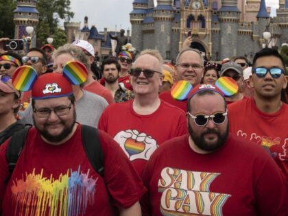 Participants of Gay Day at Disney World's Magic Kingdom gather to pose for an official pho