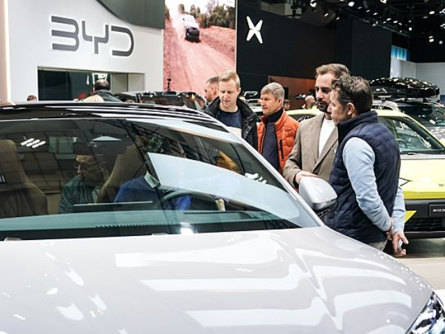 People view a BYD car during the Brussels Motor Show in Brussels, Belgium, Jan. 10, 2026.