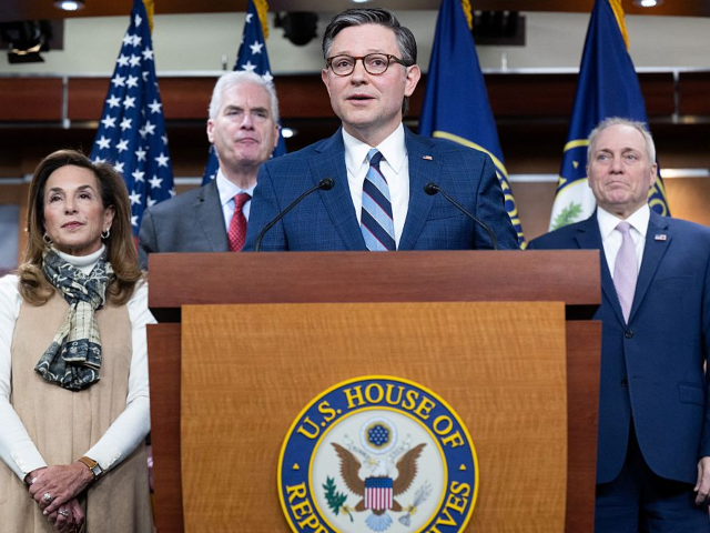 Speaker of the House Mike Johnson (2nd R), Republican of Louisiana, speaks alongside Repub