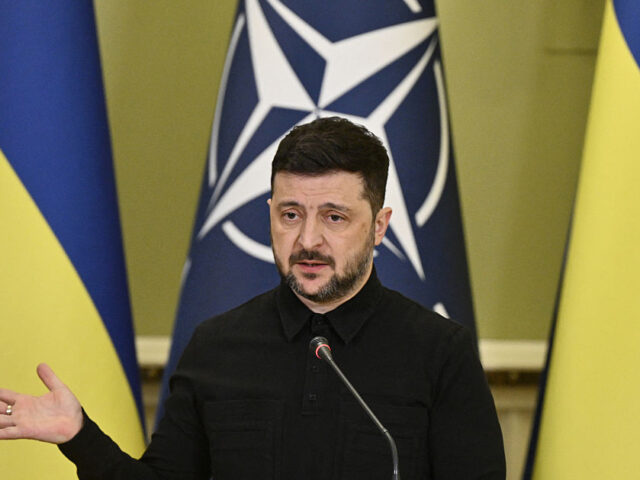 Ukraine's President Volodymyr Zelensky gestures as he delivers a press conference wit