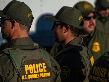 US Border Patrol officers ahead of a news conference with Kristi Noem, secretary of the US