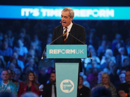 Leader Nigel Farage speaking during a rally for Reform UK party at the NEC Birmingham. Pic
