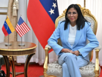 US Secretary of Energy Chris Wright (L) meets with Venezuela's acting president Delcy Rodr