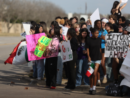 Hundreds of Cedar Ridge High School students stage a walkout in Round Rock, Texas, on Febr