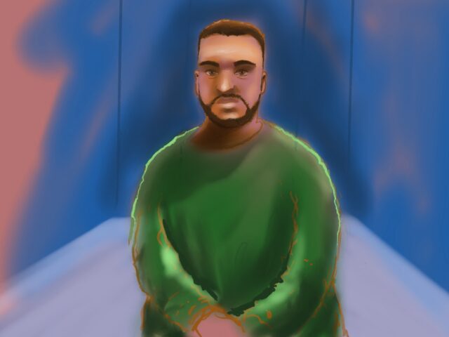 A sketch by artist Rocco Fazzari shows accused Bondi shooter Naveed Akram appearing via vi