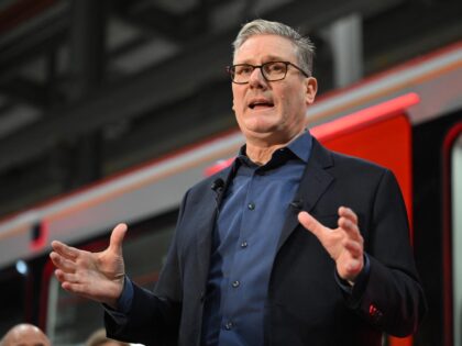 Britain's Prime Minister Keir Starmer attends a Q&A as he visits a railway depot in Cardif