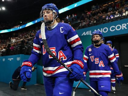 MILAN, ITALY - FEBRUARY 16: Hilary Knight #21 of Team United States walks out to the ice p