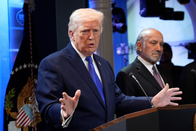 US President Donald Trump and Howard Lutnick, US commerce secretary, right, during a news
