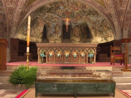 This video grab taken from an AFP shooting shows the remains of St. Francis of Assisi on d