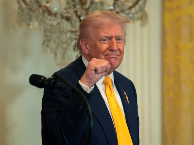 President Trump Hosts Black History Month Reception At The White House WASHINGTON, DC - FEBRUARY 18: U.S. President Donald Trump gestures as he departs a Black