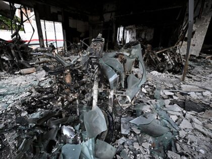 A burned-out motorcycle dealership is seen in Puerto Vallarta, Jalisco state, Mexico, on F