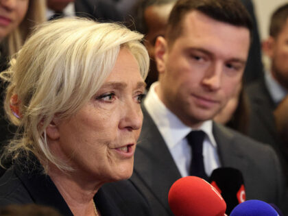 President of Rassemblement National parliamentary group Marine Le Pen, next to President o