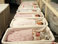 View of a group of newborn babies in cribs at Youyi Hospital, Beijing, China, February 199