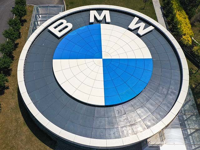 This aerial photo taken on June 28, 2024 shows the logo of German auto manufacturer BMW at