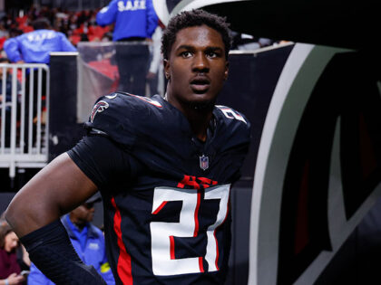 James Pearce Jr. #27 of the Atlanta Falcons looks on prior to the game against the Seattle