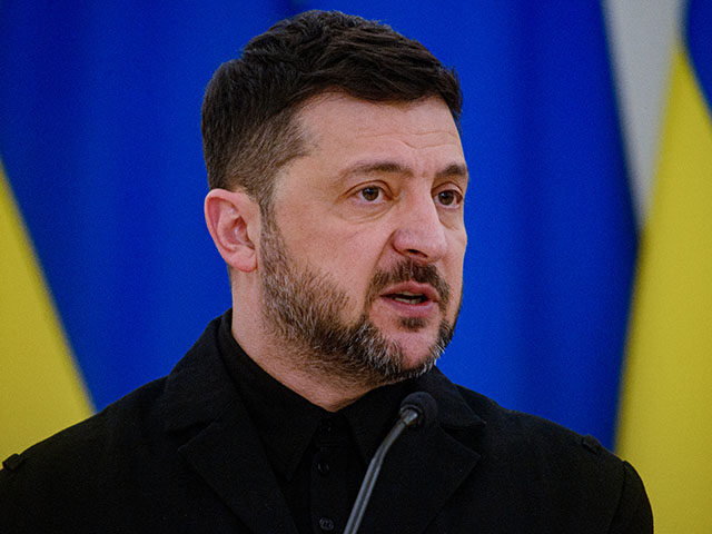 Ukrainian President Volodymyr Zelenskyy seen talking during the joint press-conference wit