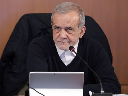 Iranian President Masoud Pezeshkian makes remarks on the current agenda during a Cabinet m