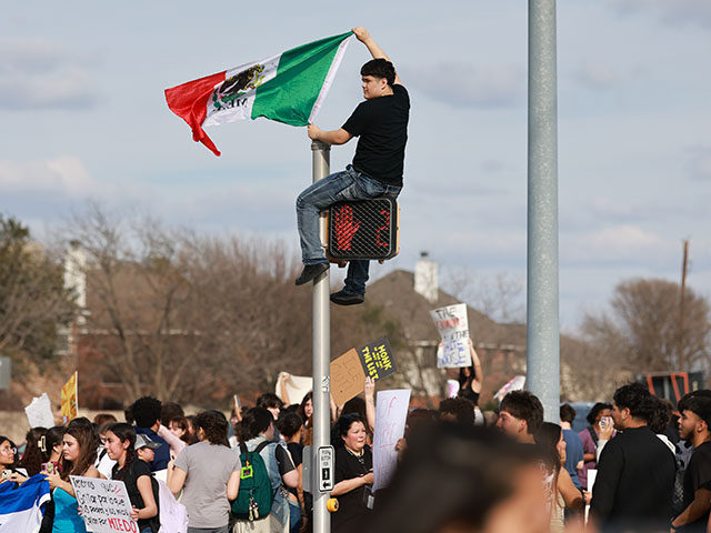 Hundreds of Cedar Ridge High School students stage a walkout in Round Rock, Texas, on Febr