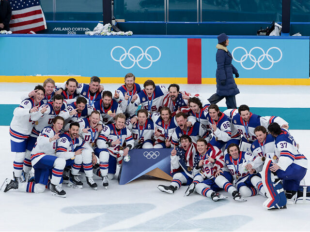 MILAN, ITALY - FEBRUARY 22: Gold medalist Team USA during the victory ceremony following t