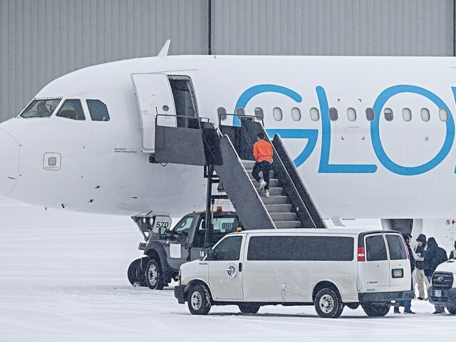 A detainee makes his way onto an ICE deportation flight on Global X airline out of Signatu